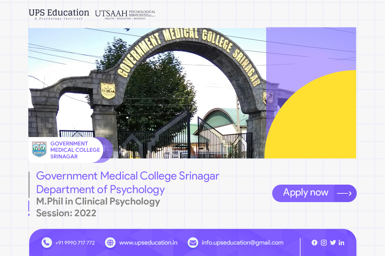 Government Medical College Srinagar, M.Phil in Clinical Psychology Application forms out, Admission 2022—UPS Education